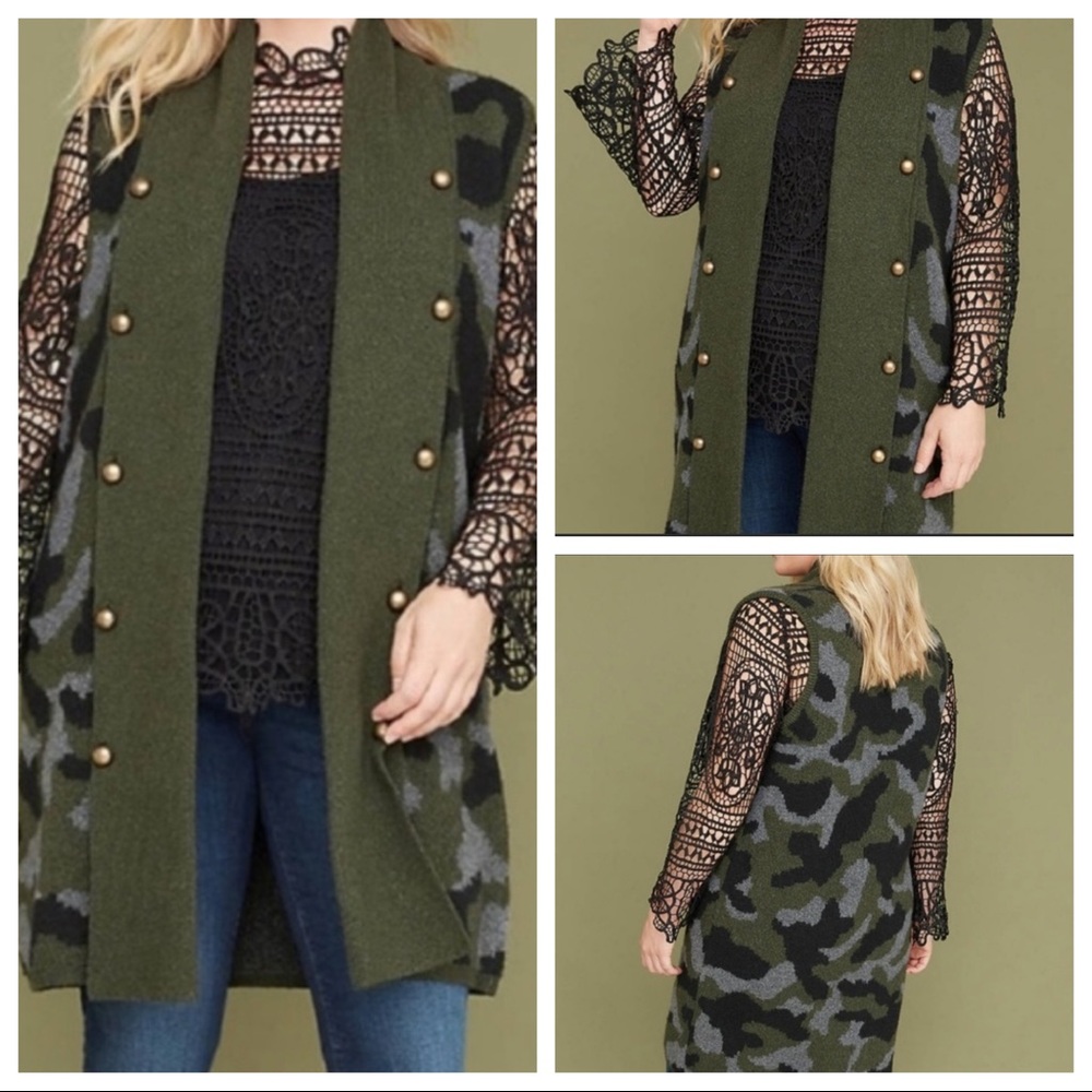 Lane Bryant Green Camo Sweater Duster Vest